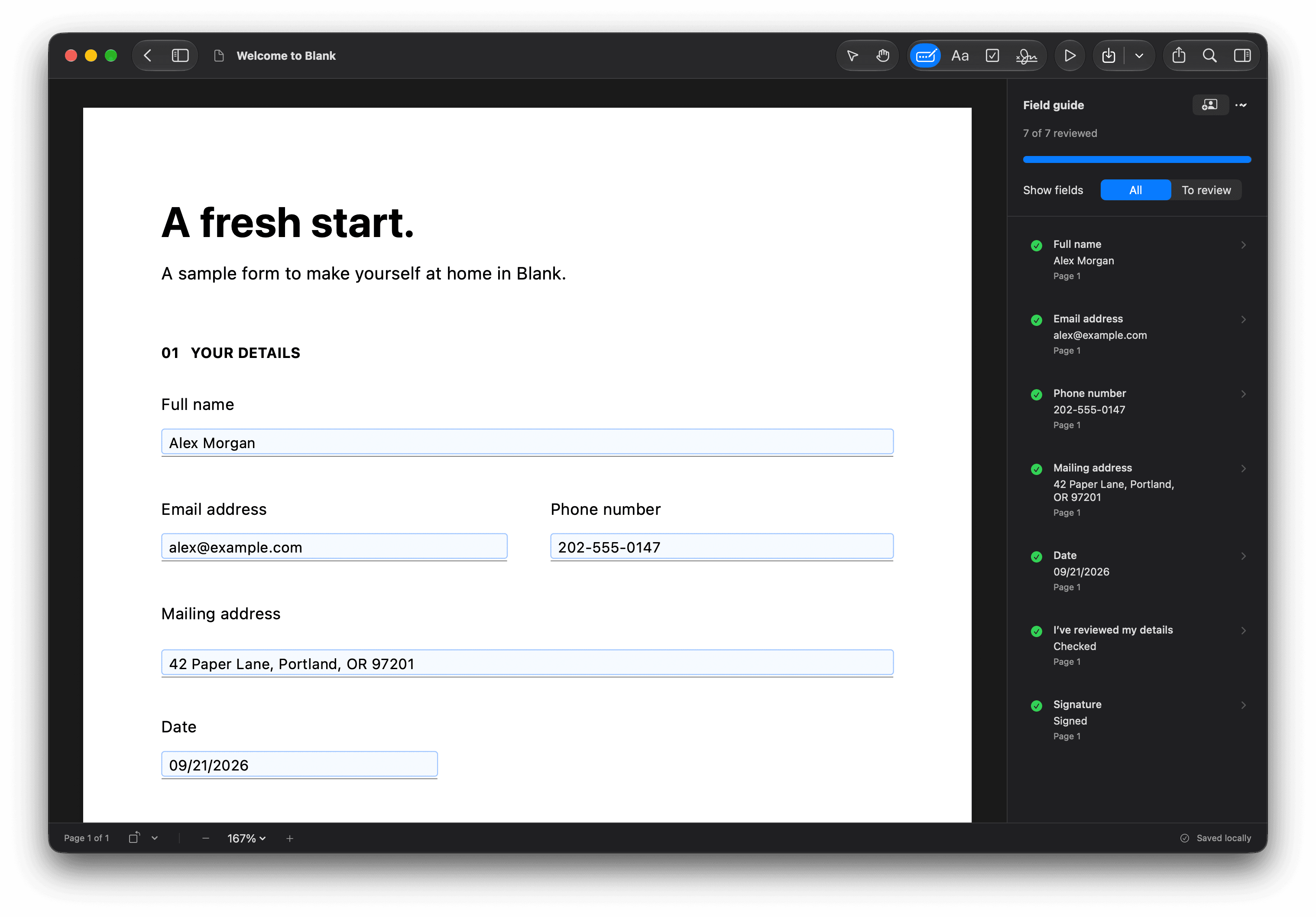 Blank’s dark Mac editor with a PDF form and reusable form details.