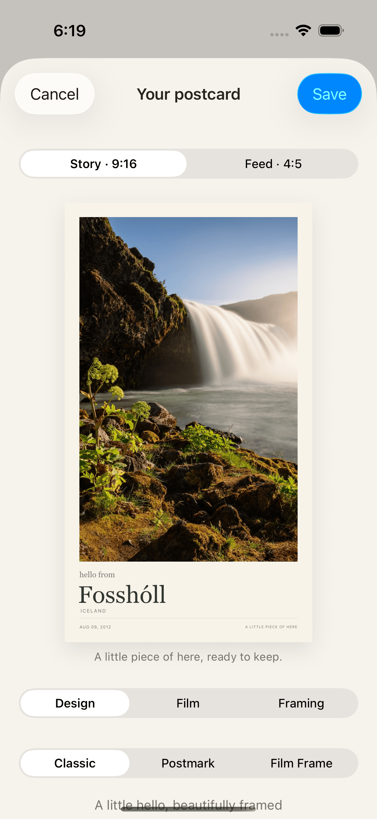 Hello From’s postcard editor with a waterfall photograph from Fosshóll, Iceland.