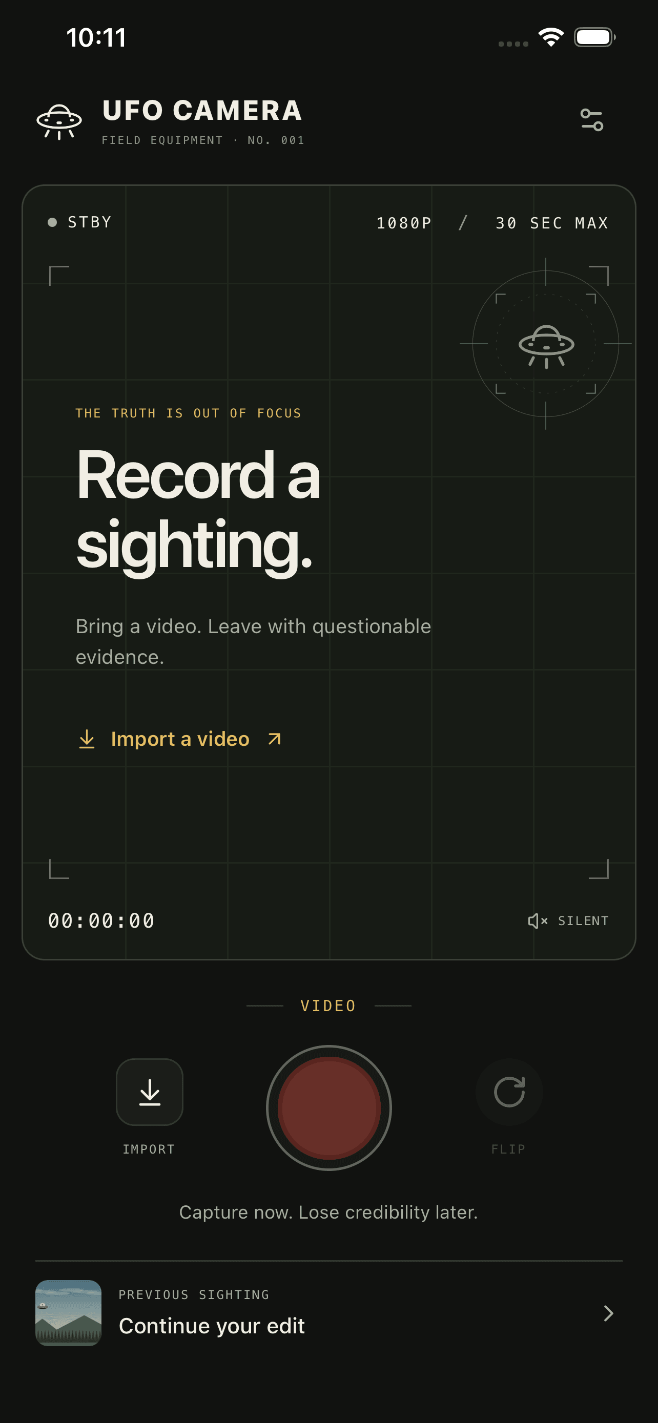 UFO Camera’s camera screen with a viewfinder and controls to record or import a video.